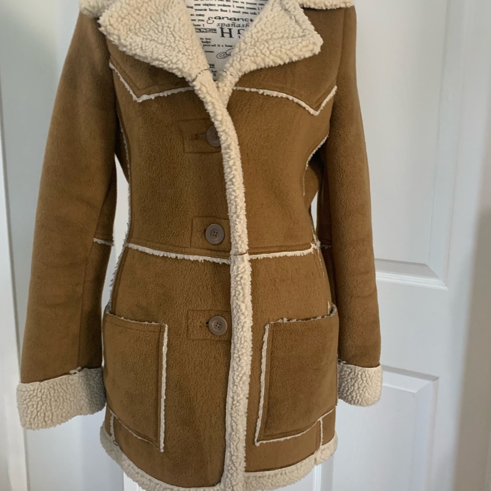 Women’s Tan Faux Shearling Coat with Cream Trim